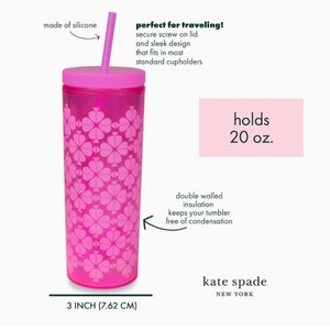 New Kate Spade New York Insulated Tumbler with Reusable Straw, Neon Pink 20oz